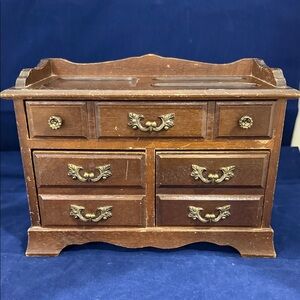 Vintage Small Wooden Dresser Jewelry Box - Brown with Brass Hardware